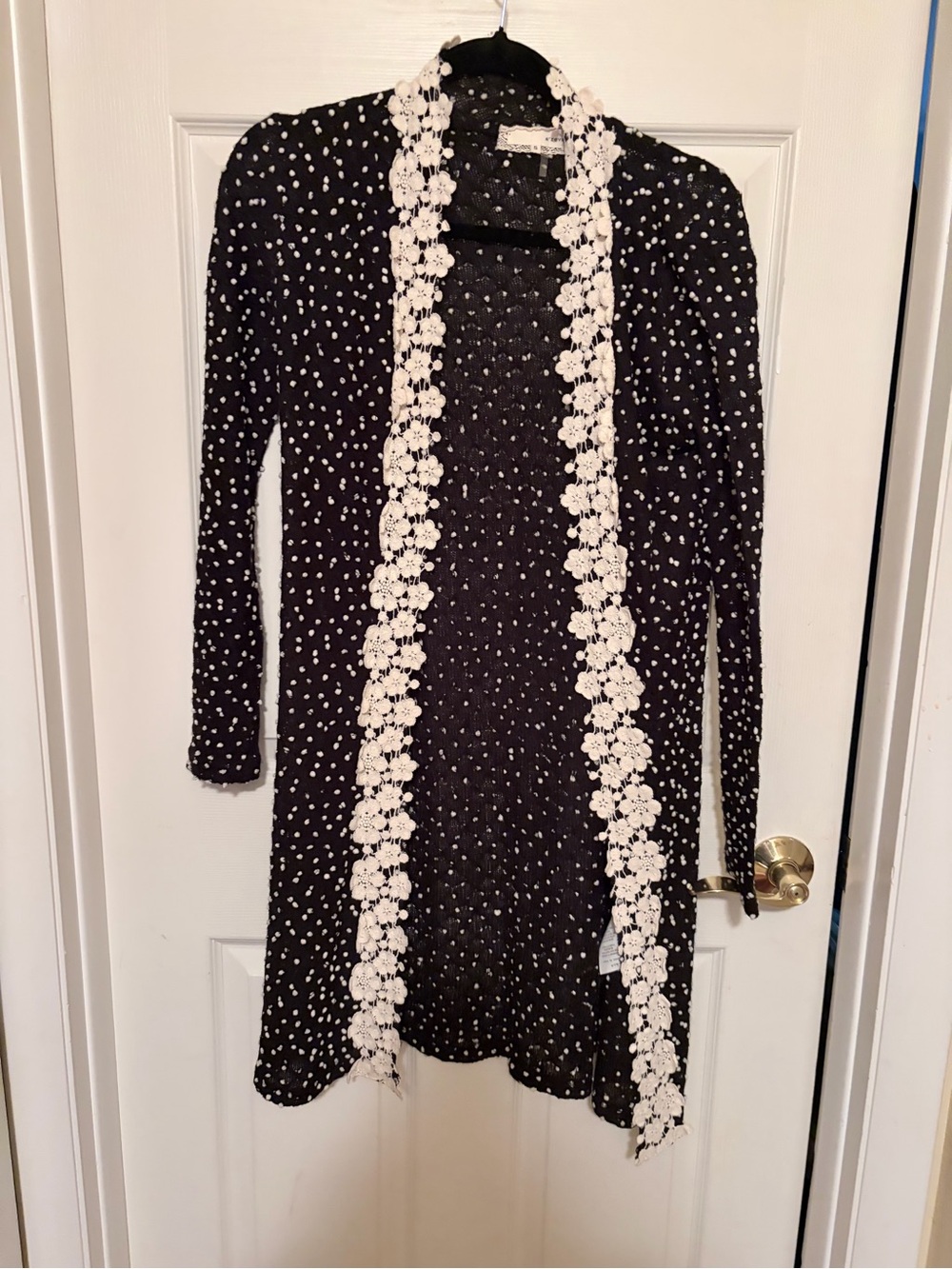 A'Reve Black Knit Kimono with White Dot Detail & Lace Trim